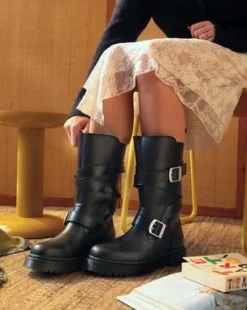 Anistone bikerboots i läder med två remmar in Svart
