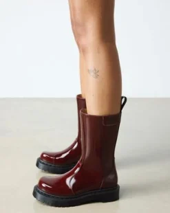 Rejena Laquered Leather Boots in Cherry Red
