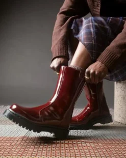 Rejena Laquered Leather Boots in Cherry Red