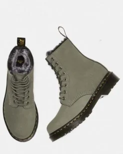 1460 Serena fuskpälsfodrade snörkängor i Nubuck-läder in Nickel Grey